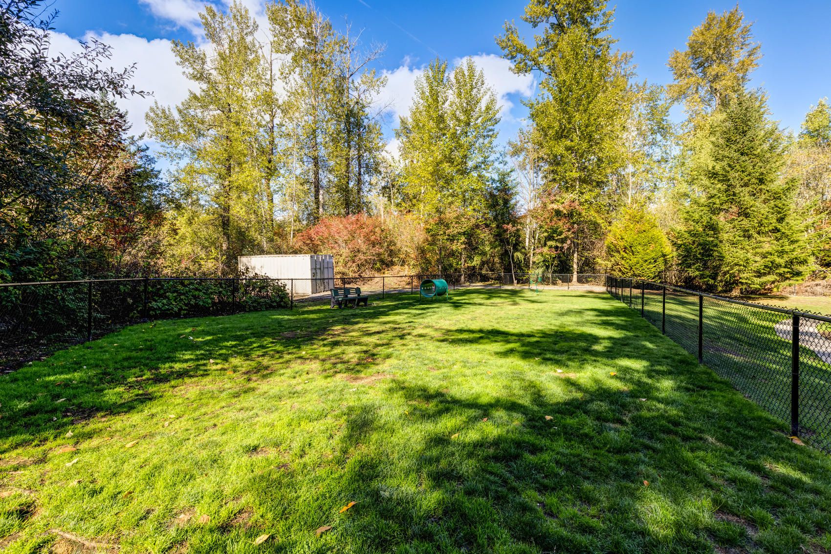 Fenced grassy yard with trees, a small bench, a tunnel, and a storage shed in the background.